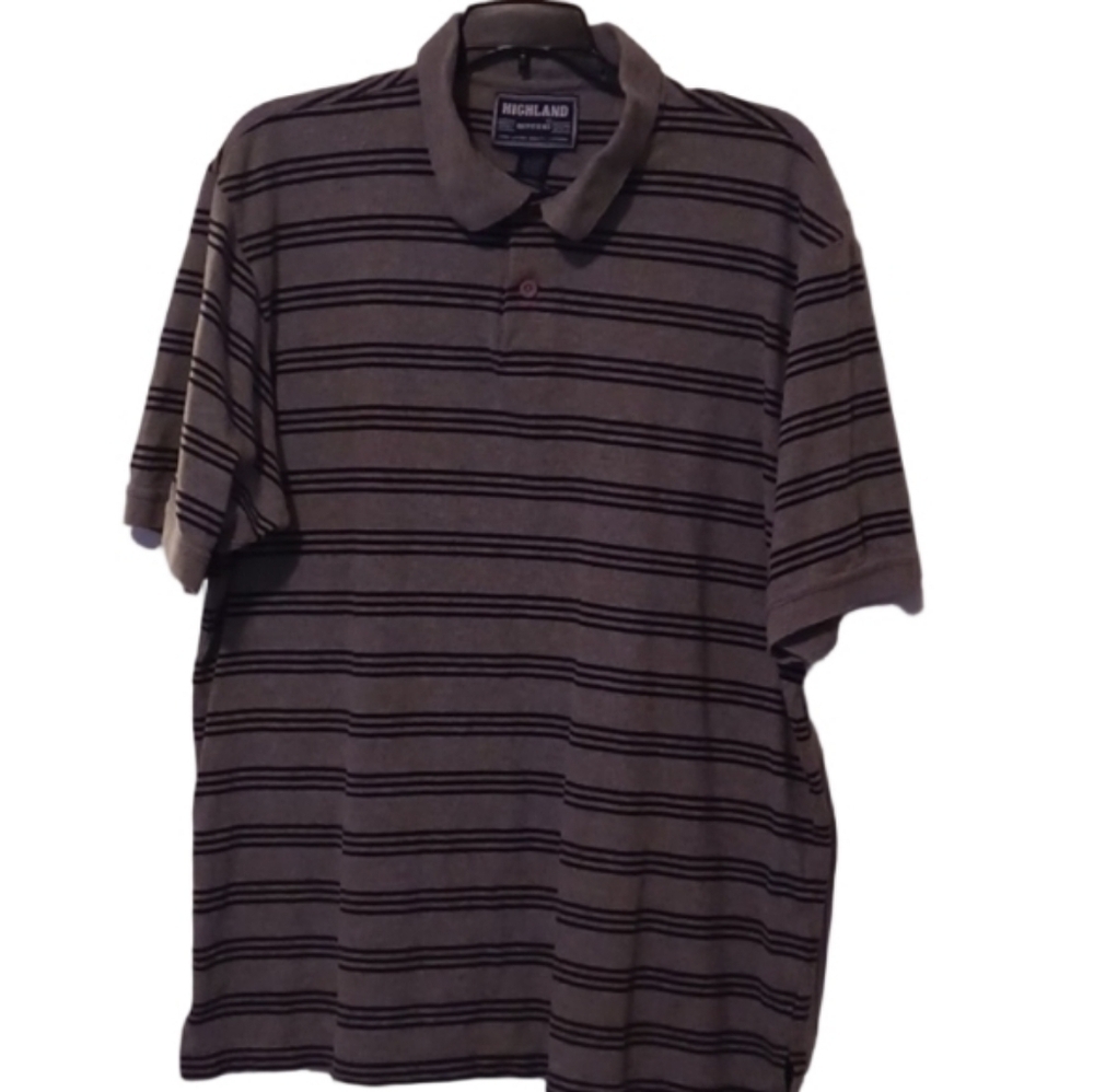 -- Highland Gray Striped Men's Polo Shirt Size Large Casual